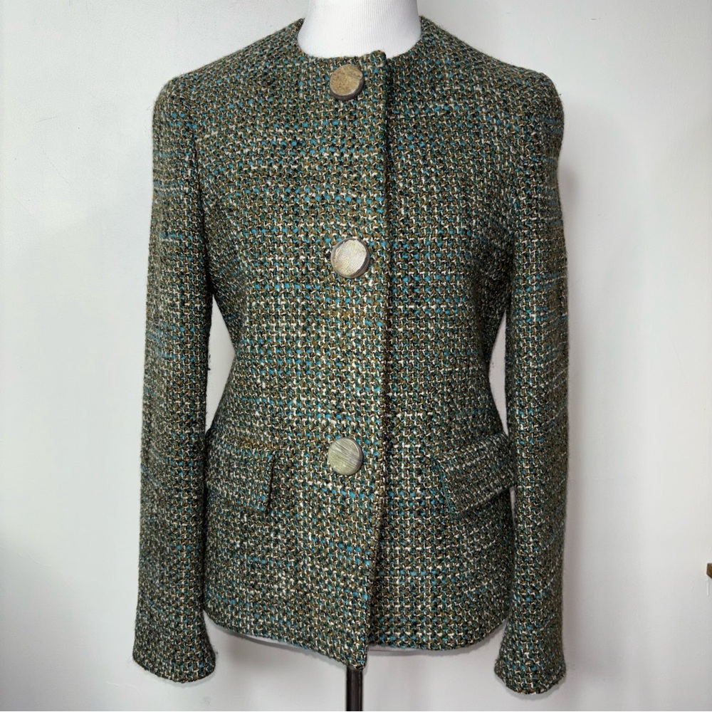 Max Mara Green Tweed Wool Blend Blazer Jacket Italy Size 8 US 40 IT